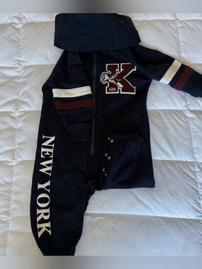 Kith Navy Hoodie Jumpsuit with Maroon & Cream Stripes